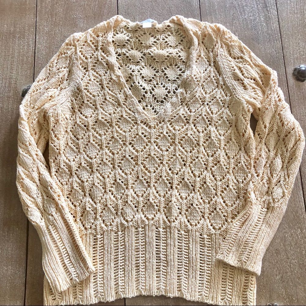 Loft cream V neckline pointelle open knit sweater MP